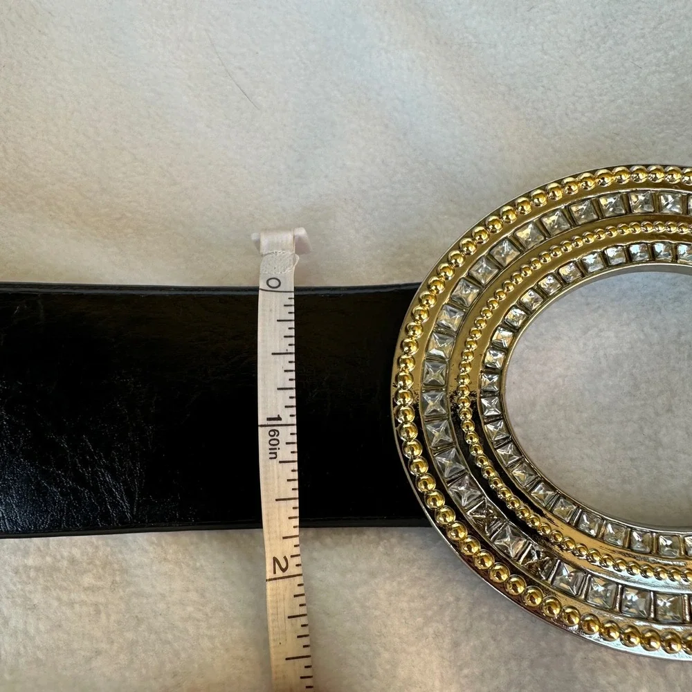 Chicos Black Leather Belt S/M Double Circle Rhinestone Beaded Buckle Glam Statem